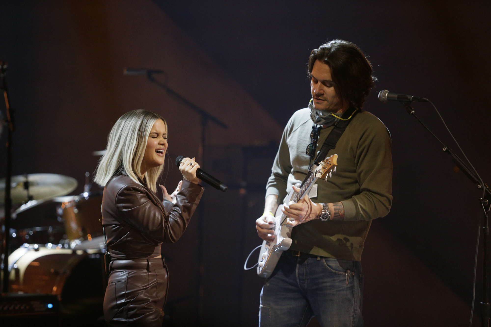 Maren Morris and John Mayer rehearse for the 2021 Grammy Awards