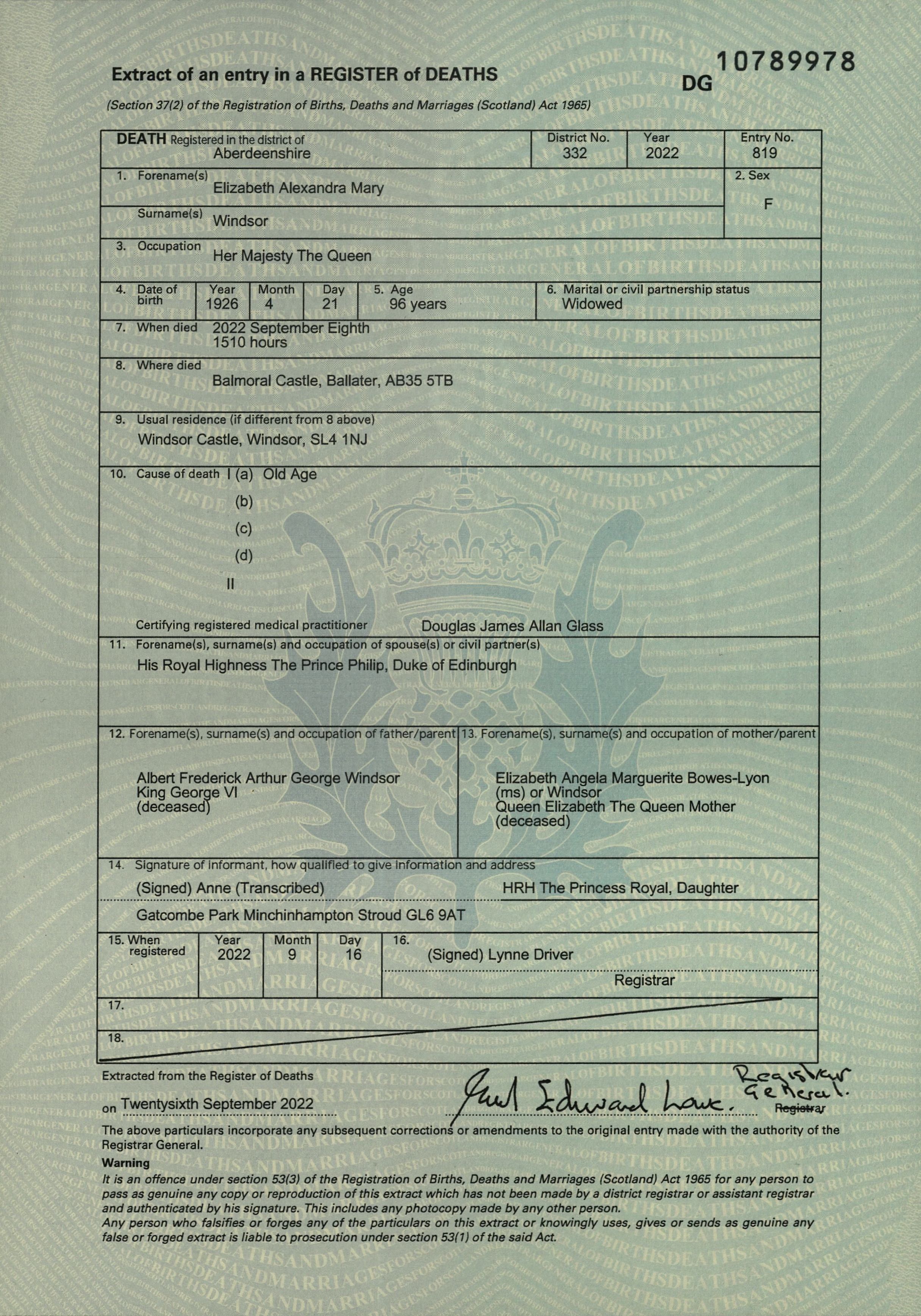 Queen Elizabeth II death certificate