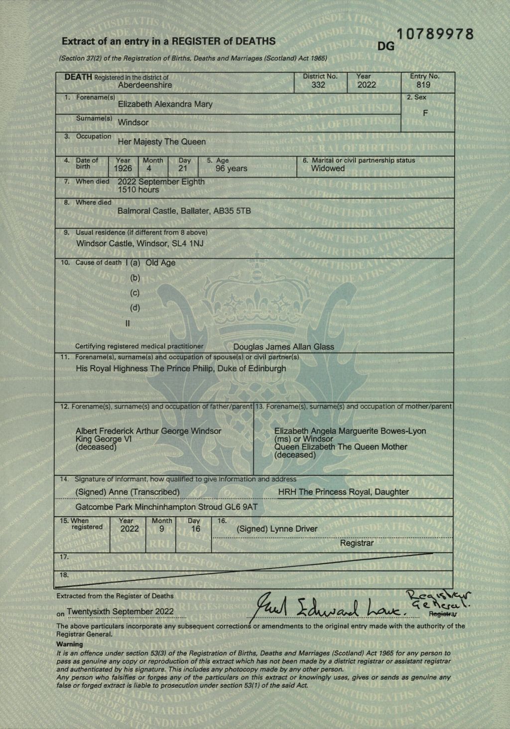 Queen Elizabeth II death certificate