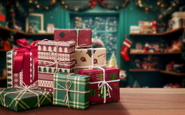 Colorful and Beautifully Wrapped Christmas Gifts on the christmas market