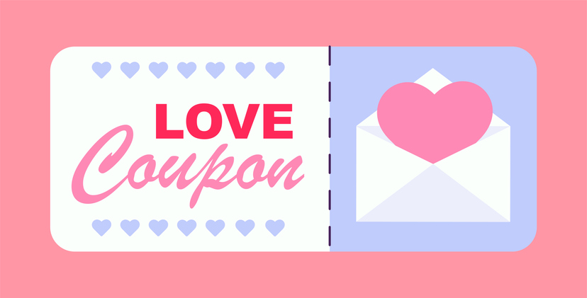 Love coupon concept. Romantic gift and present. Valentines Day or anniversary. Creative surprise for boyfriend or girlfriend. Poster or banner. Flat vector illustration