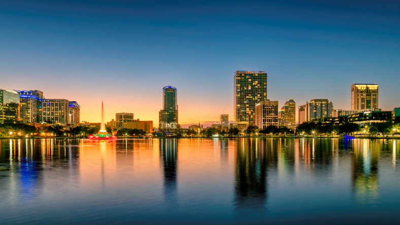 Orlando city skyline at sunset.