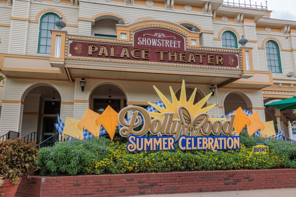 Groups of guests get photos taken in front of the Showstreet Palace Theater at the Dollywood amusement park in Pigeon Forge, TN