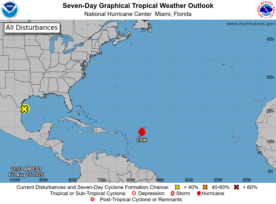Model Showing Invest 98L and Hurricane Erin on Aug. 15, 2025