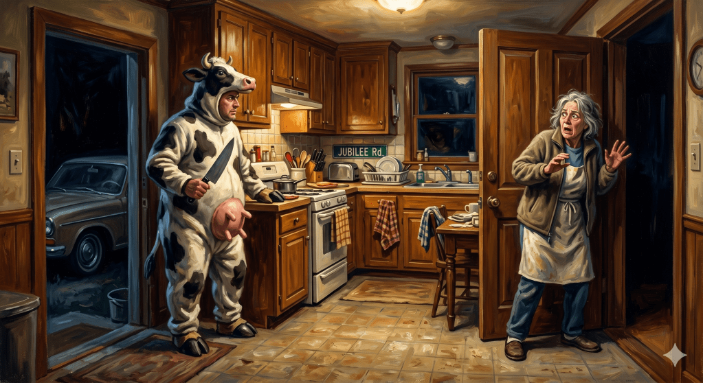 Google Gemini AI rendering of a Dingus dressed as Cow allegedly committing a Stabbing. Moo Moo.