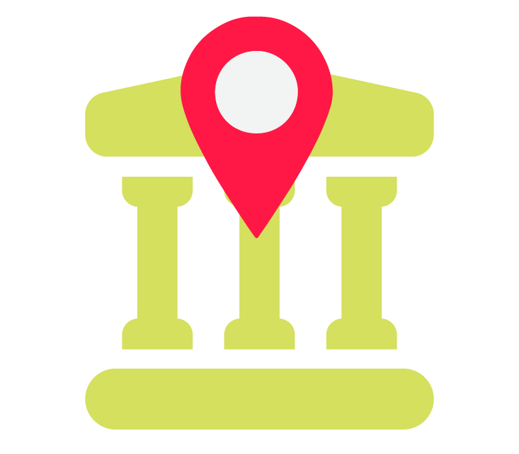 A red map pin icon on a yellow transportation icon.