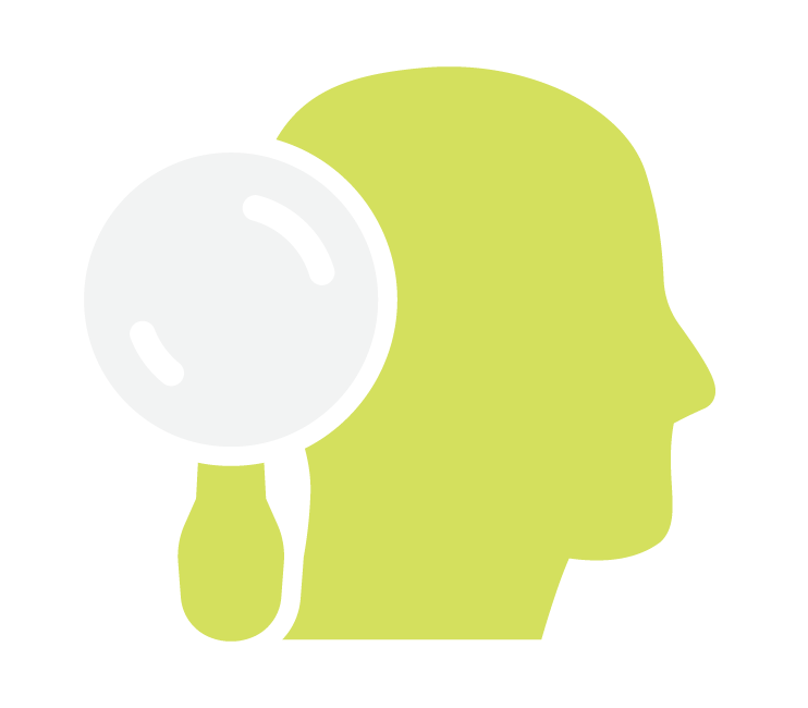 A profile silhouette of a person's head with a magnifying glass icon overlaid, against a green background.