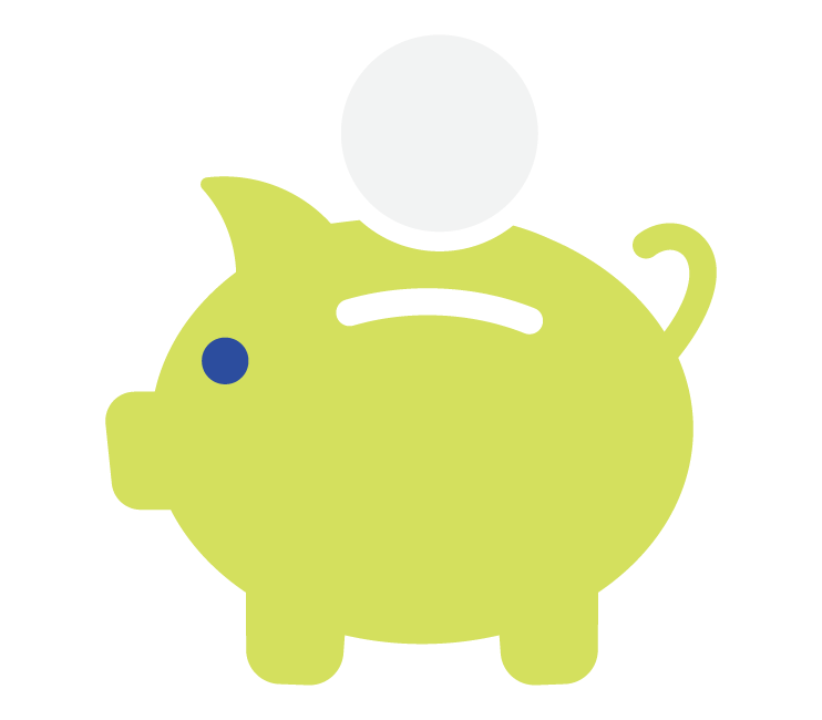 A yellow piggy bank with a blue dot on its side.