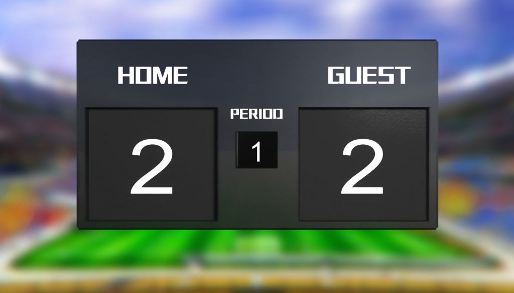 A scoreboard display showing the scores for the "Home" and "Guest" teams as 2 and 2 respectively, with the "Period" indicator showing "1".