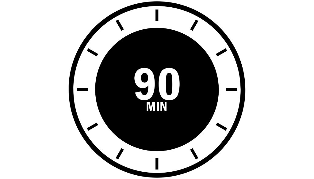 A black and white clock face showing 90 minutes.
