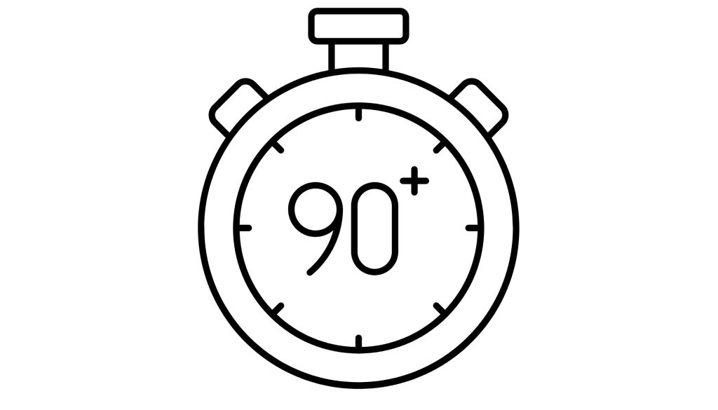 A black and white stopwatch icon showing the time as 90+ seconds.