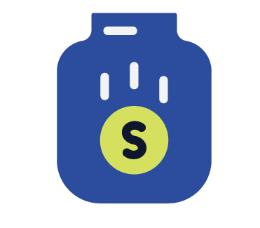 Blue bottle with white text "S" on a yellow circle background.