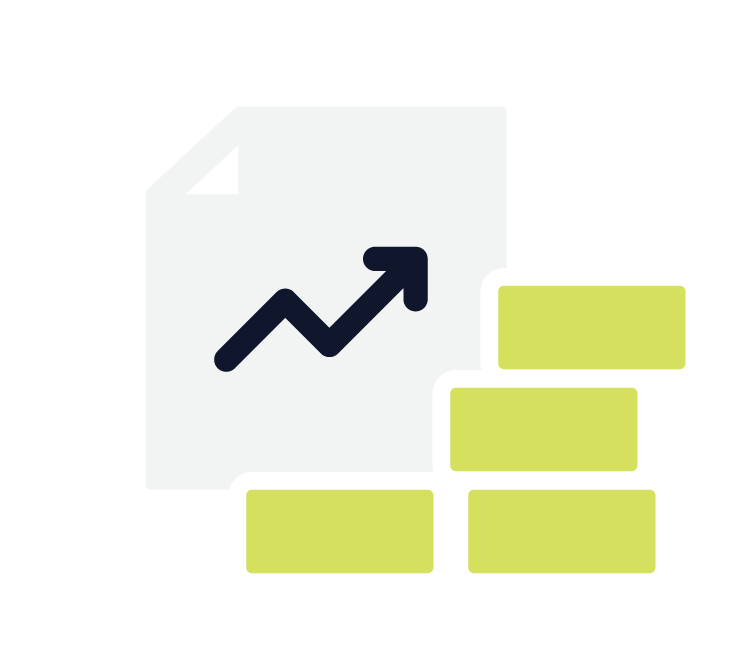 Upward trending graph icon on a white background with four green rectangular bars below.