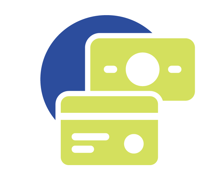Credit card icon with blue and yellow shapes.