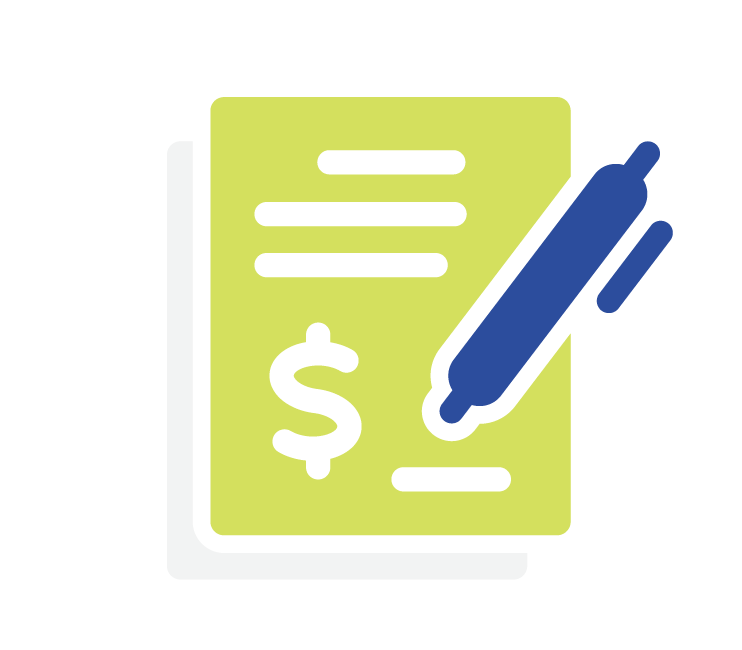 Green document with dollar sign and blue pen icon