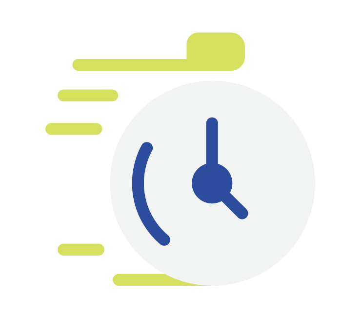 A white clock face with blue hands against a green background, with yellow shapes suggesting motion or speed.