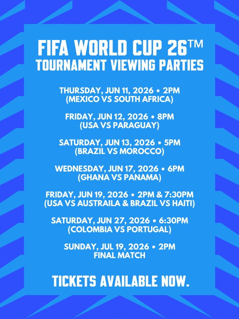 FIFA World Cup 26 tournament viewing parties schedule with match dates, times, and teams.