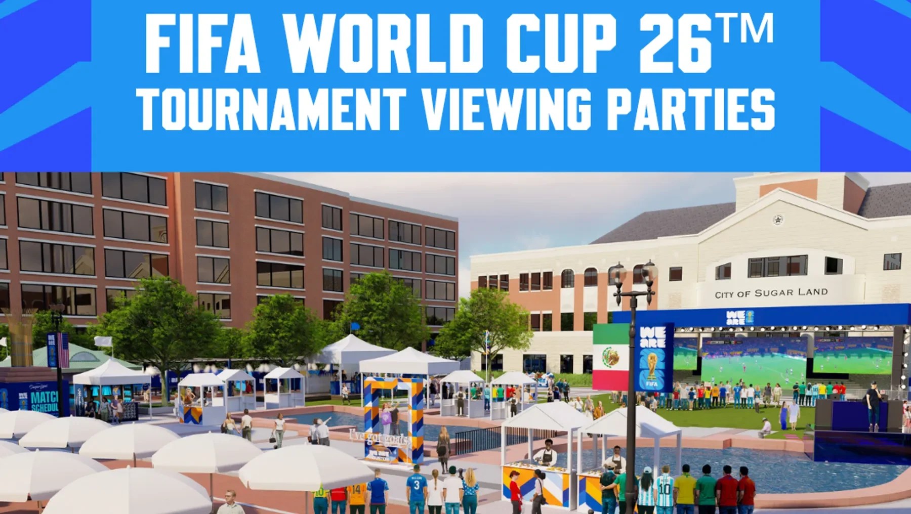 FIFA World Cup 26 tournament viewing parties with crowds gathered in an outdoor plaza with tents, food, and entertainment.