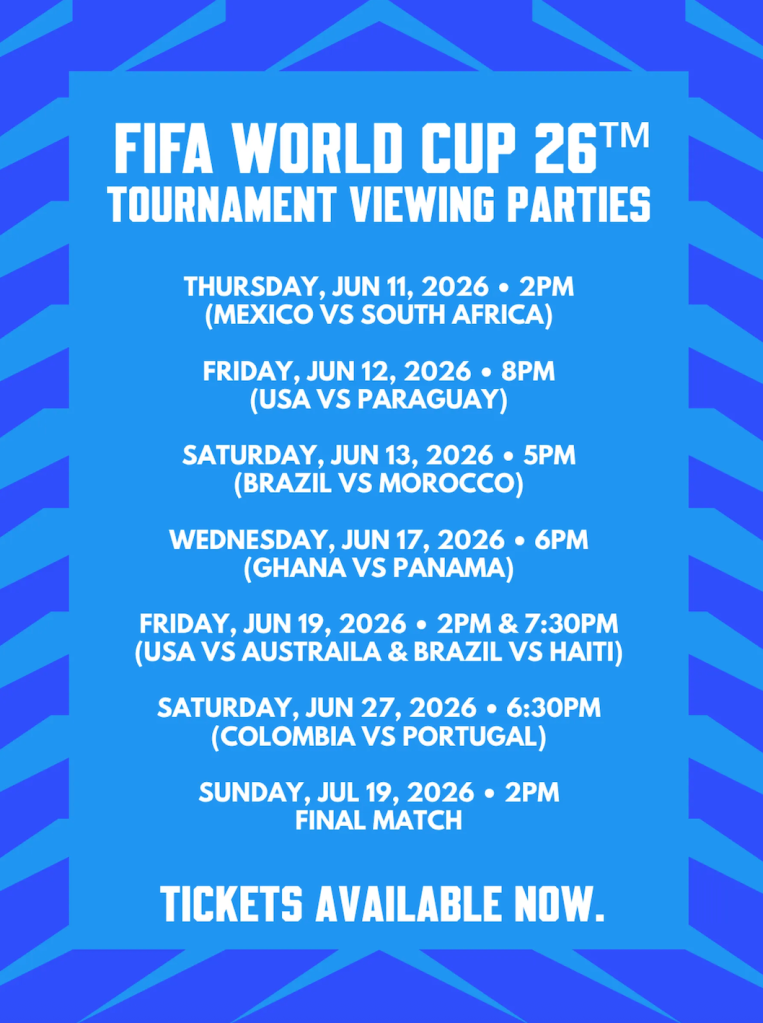 FIFA World Cup 26th tournament viewing parties schedule with match details and ticket availability information.