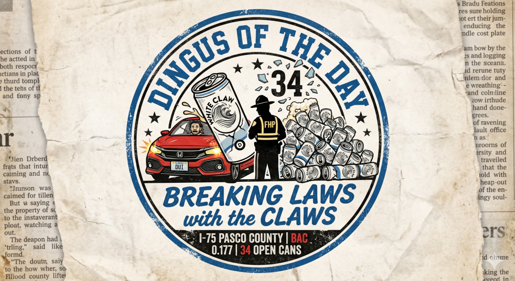 Circular logo with text "Dingus of the Day: Breaking Laws with the Claws" and various icons including a car, police officer, and cans.
