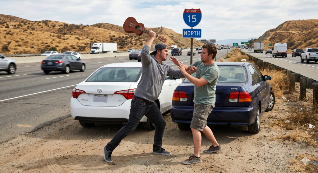 Two men arguing on the side of a highway with Interstate 15 North sign visible in the background.