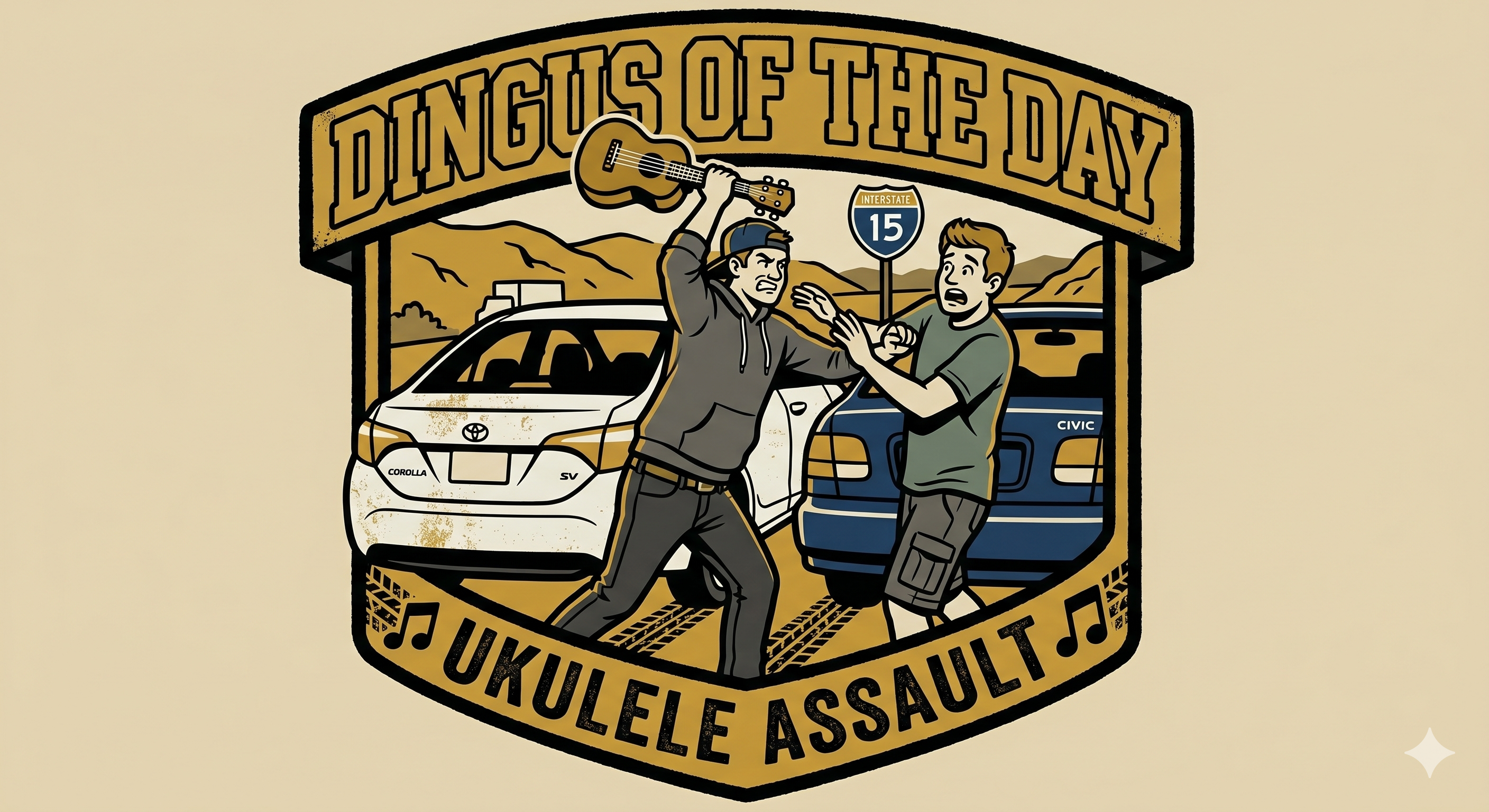 Two men in a physical altercation, one wielding a ukulele, in front of a police car on a highway. Text reads "Dingus of the Day" and "Ukulele Assault".
