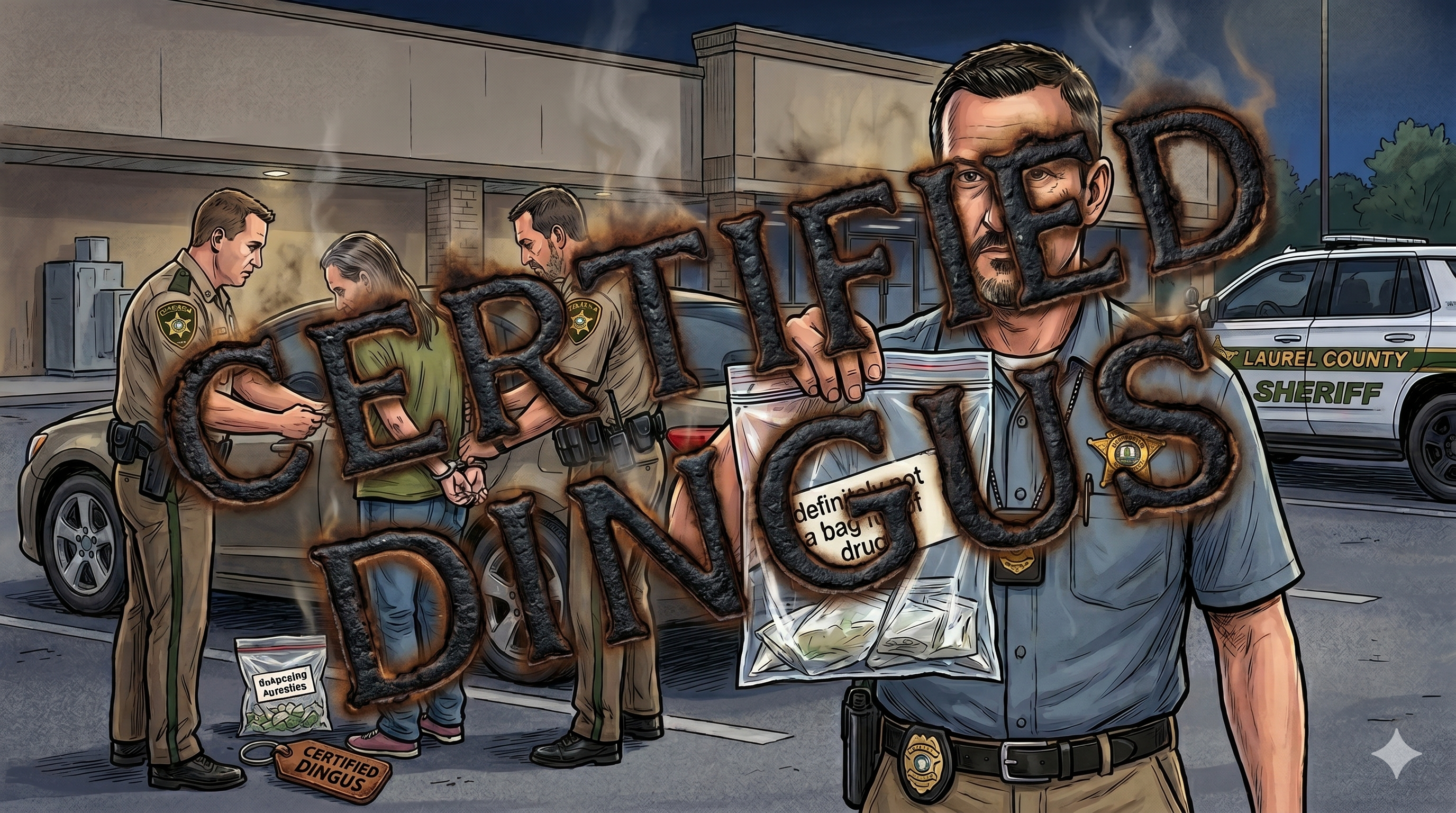 Several law enforcement officers standing in front of a police car, with the text "CERTIFIED DANK" prominently displayed.