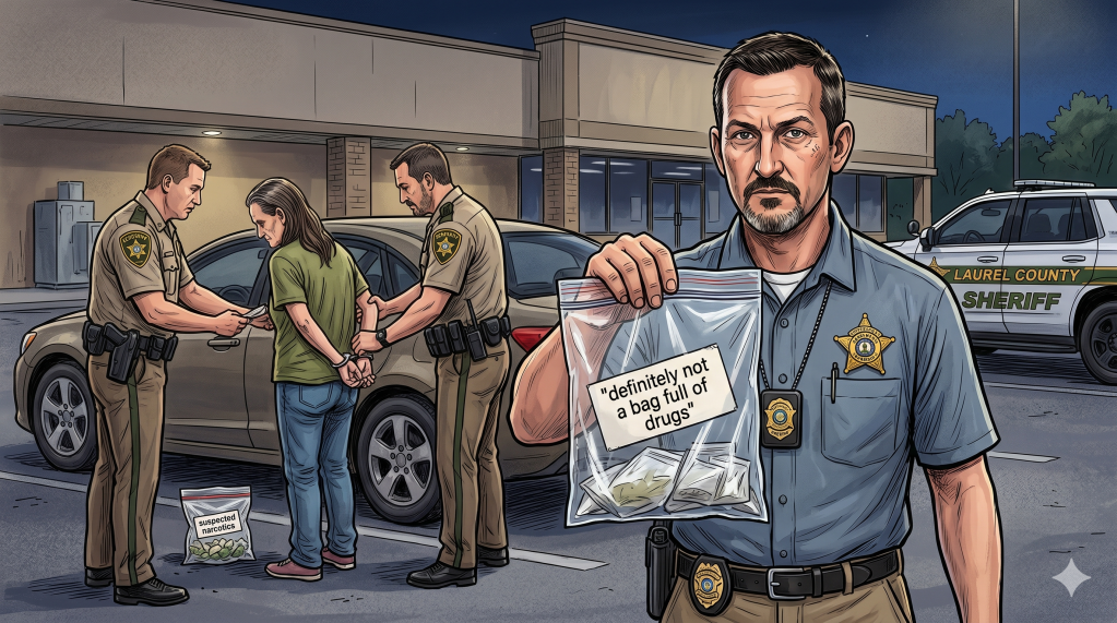 Two police officers detaining a person, with one officer holding a bag labeled "definitely not a bag full of drugs".