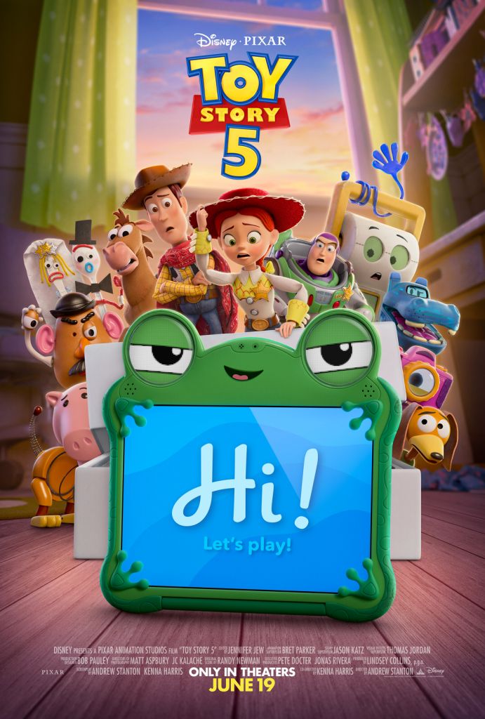 Disney Pixar's Toy Story 5 movie poster featuring the main characters, including Woody, Buzz Lightyear, and other toys, with the text "Hi! Let's play!" in a green frog-shaped frame.