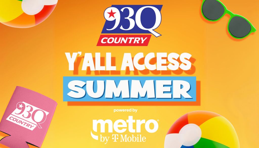 Colorful summer-themed image with "93Q Country Y'all Access Summer" text, Metro by T-Mobile logo, beach balls, sunglasses, and other summer accessories.