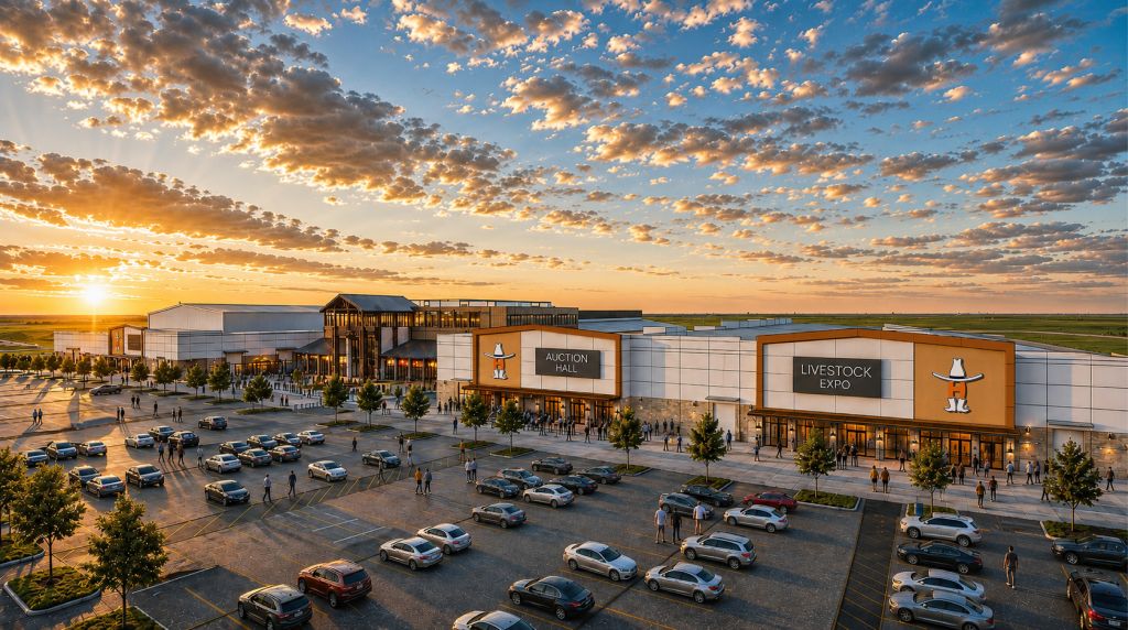 Sunset over a large outdoor shopping and event complex with an "Auction Hall" and "Livestock Expo" signage, surrounded by parked cars.