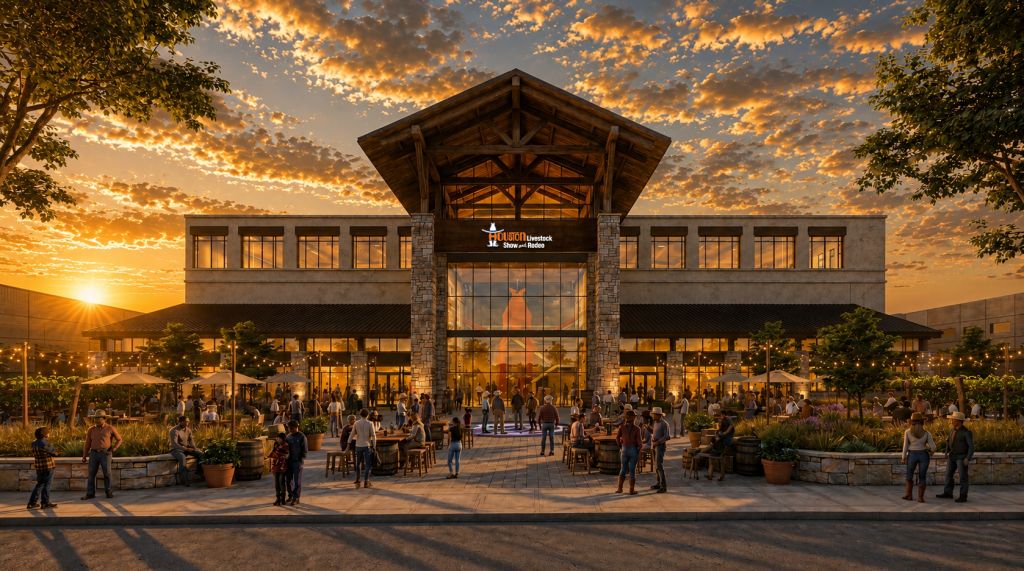 A large, rustic-style building with a wooden roof and stone exterior, surrounded by people in an outdoor plaza at sunset. The building displays the Cabela's logo.
