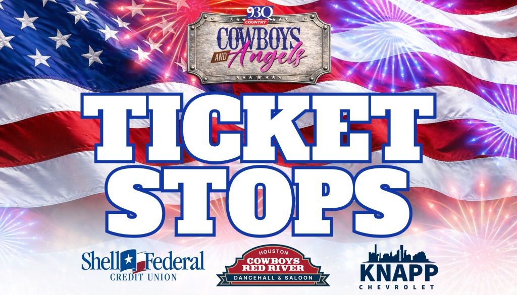 Fireworks display over American flag backdrop with "Cowboys and Angels" logo and text "Ticket Stops" featuring Shell Federal Credit Union, Houston Cowboys Red River Dancehall & Saloon, and Knapp Chevrolet branding.