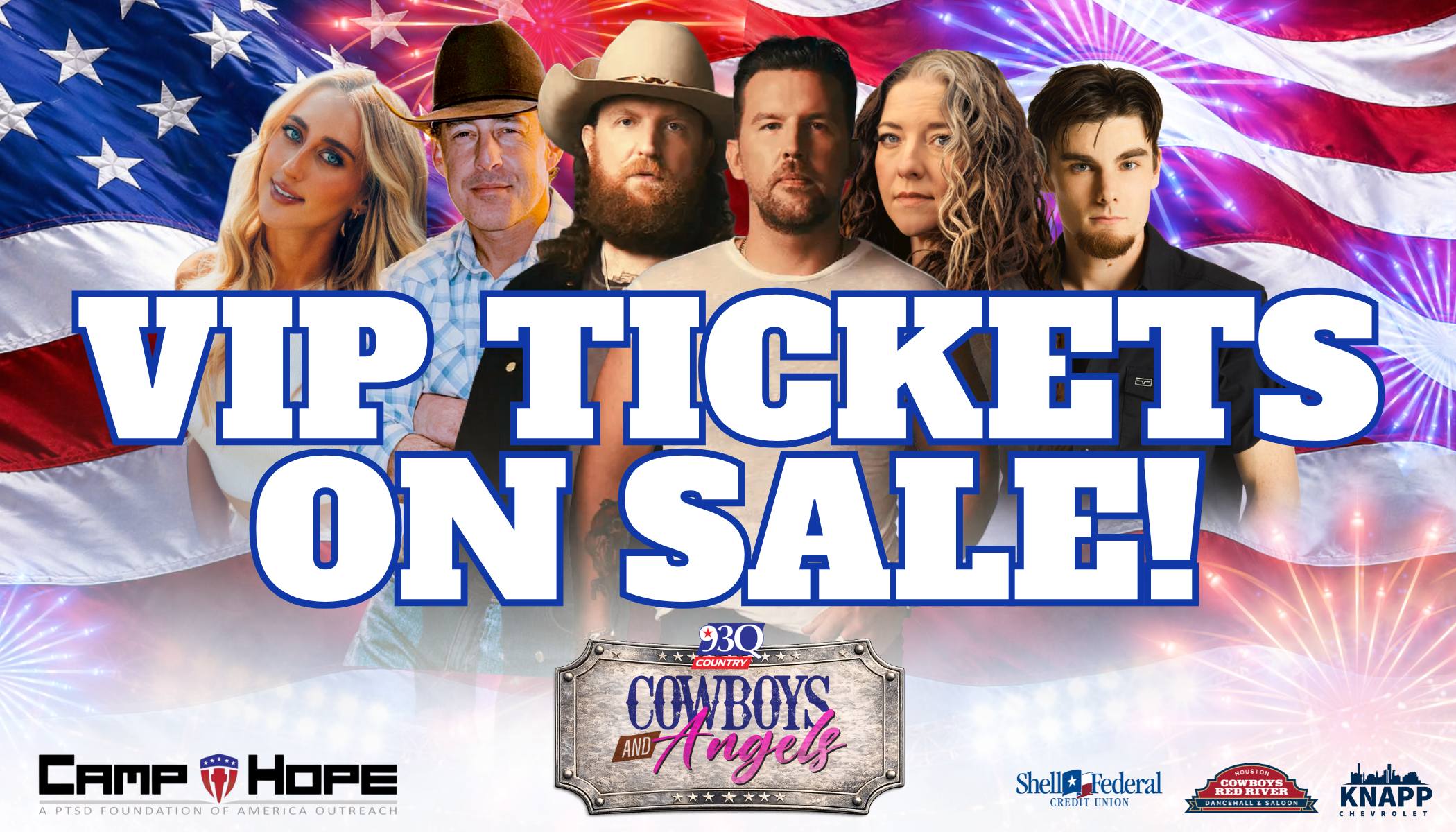 VIP tickets on sale for Cowboys and Angels 30th anniversary event, featuring American flag, fireworks, and group portrait of country music performers.