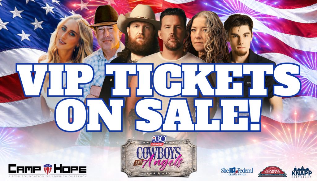 VIP tickets on sale for Cowboys and Angels 30th anniversary event, featuring American flag, fireworks, and group portrait of country music performers.