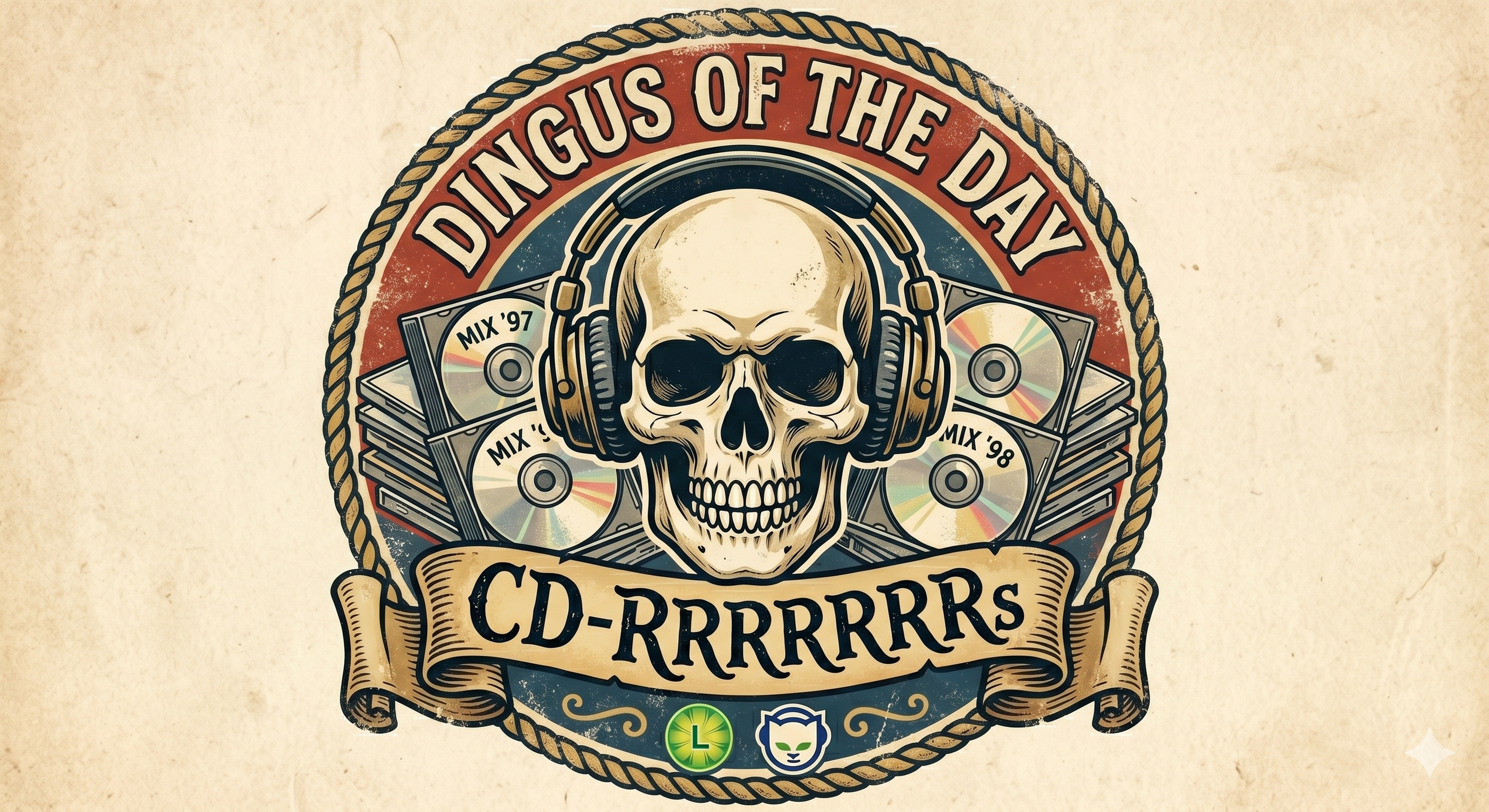 Vintage-style illustration of a skull wearing headphones, surrounded by CD discs and the text "Dingus of the Day CD-RRRRRRRS".
