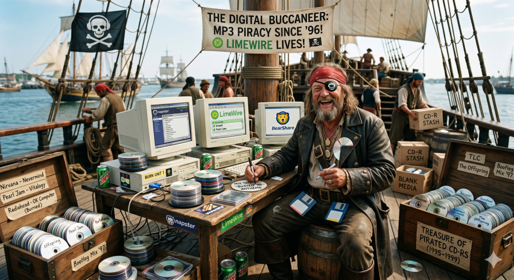 A bearded man dressed as a pirate operates a computer station on a sailing ship, surrounded by pirated media and a "Digital Buccaneer" banner.