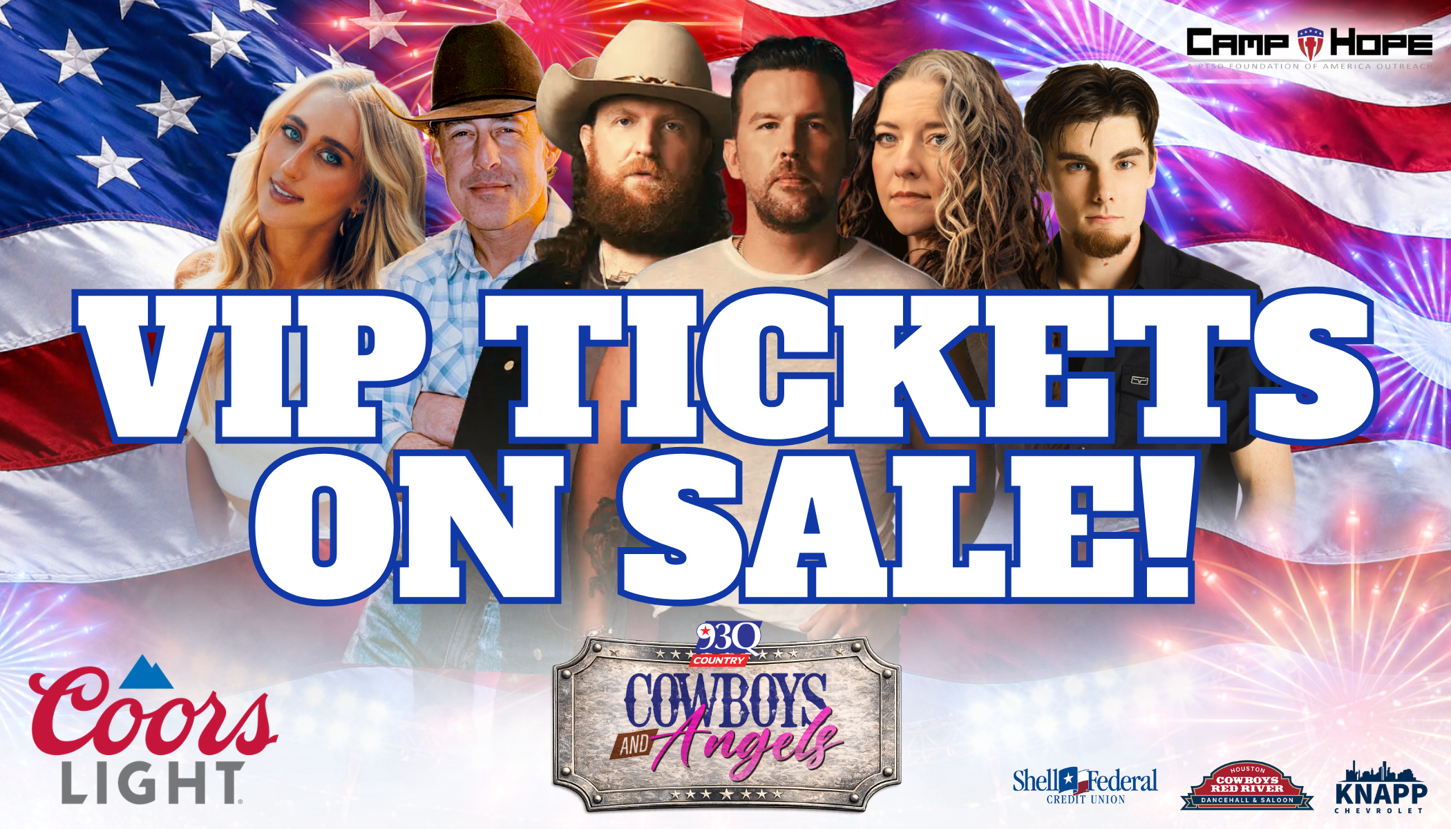 VIP tickets on sale for Cowboys and Angels event, featuring Coors Light branding and logos for Shell Federal Credit Union and Knapp.