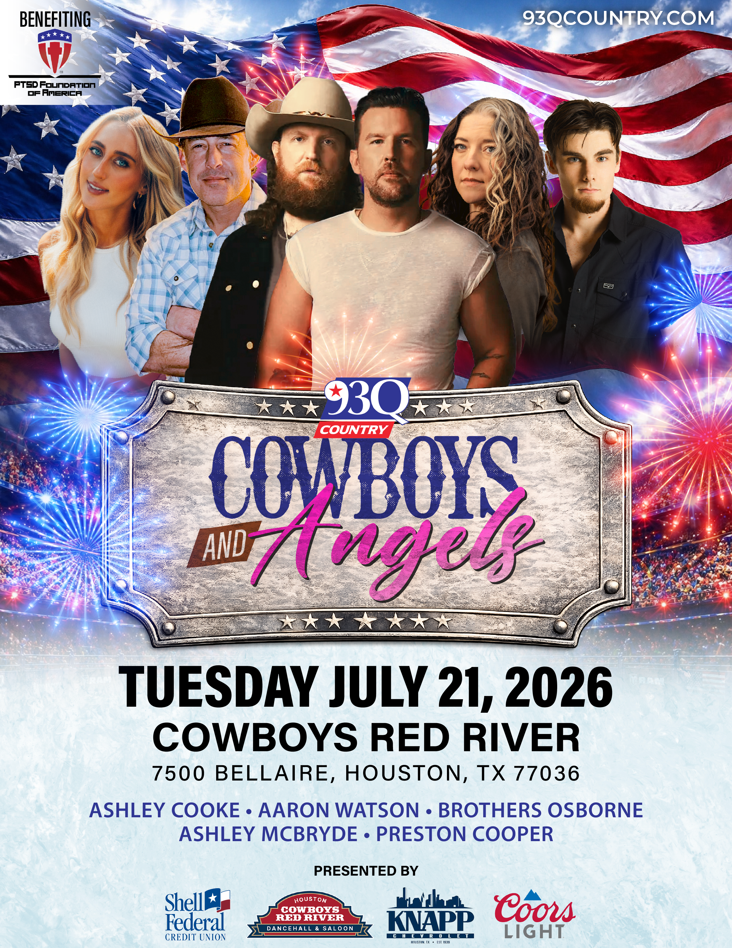 A patriotic concert poster featuring a group of country music artists performing at Cowboys Red River in Houston, Texas on July 21, 2026. The poster includes the event title "Cowboys and Angels" and lists the performers as Ashley Cooke, Aaron Watson, Brothers Osborne, Ashley McBryde, and Preston Cooper.