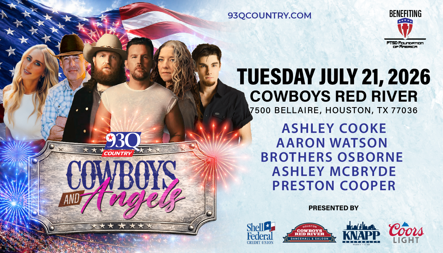 A concert poster featuring a group of country music artists, including Ashley Cooke, Aaron Watson, Brothers Osborne, Ashley McBryde, and Preston Cooper, performing at Cowboys Red River in Houston, Texas on July 21, 2026.