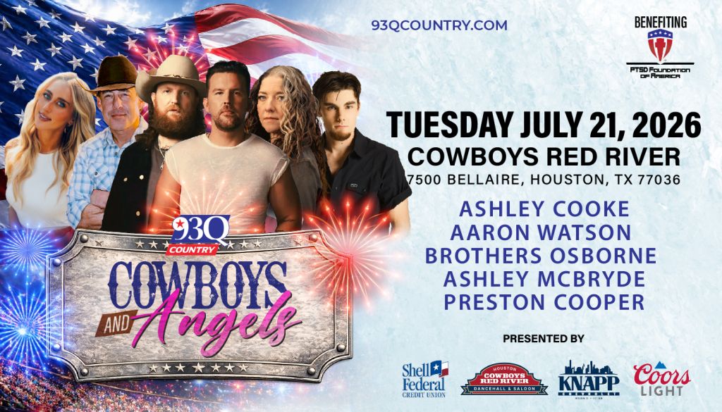 A concert poster featuring a group of country music artists, including Ashley Cooke, Aaron Watson, Brothers Osborne, Ashley McBryde, and Preston Cooper, performing at Cowboys Red River in Houston, Texas on July 21, 2026.
