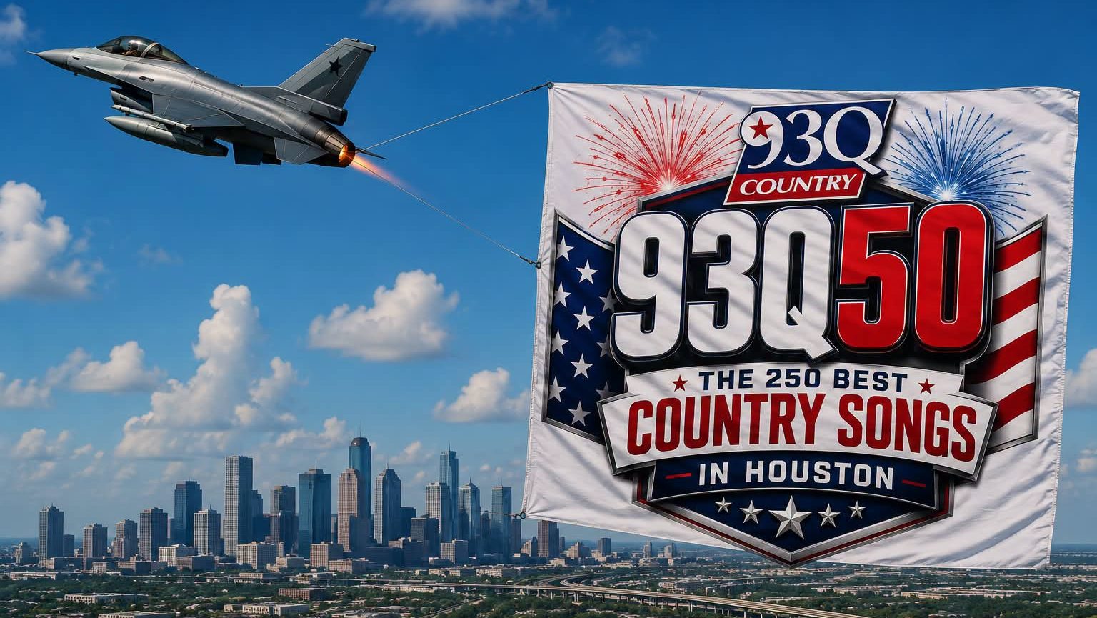A fighter jet flying over a cityscape with a large banner advertising "The 250 Best Country Songs in Houston" on 93Q 50.