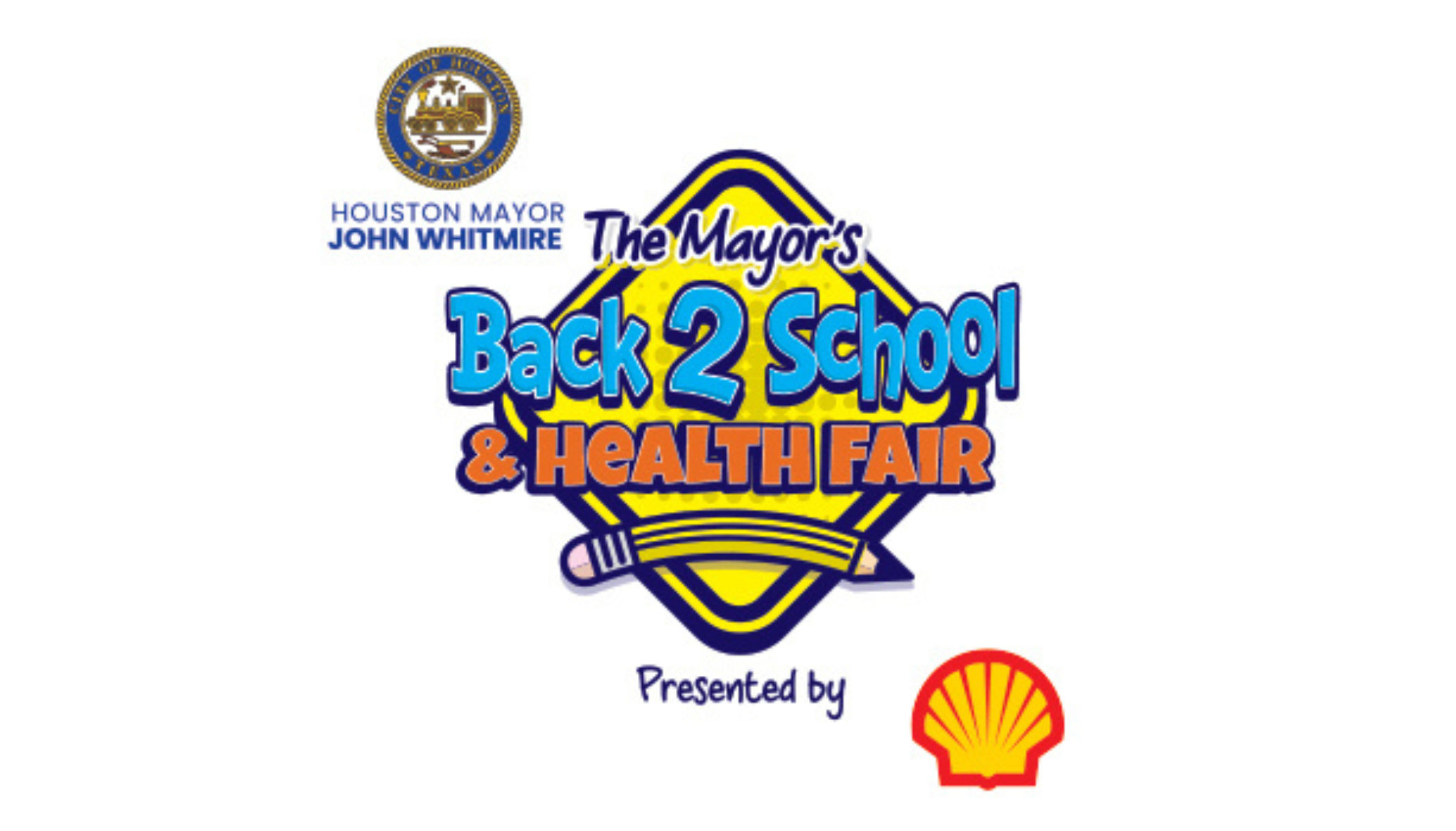 The Mayor's Back 2 School & Health Fair logo, featuring the Houston mayor's seal and a colorful design with text and a Shell logo.