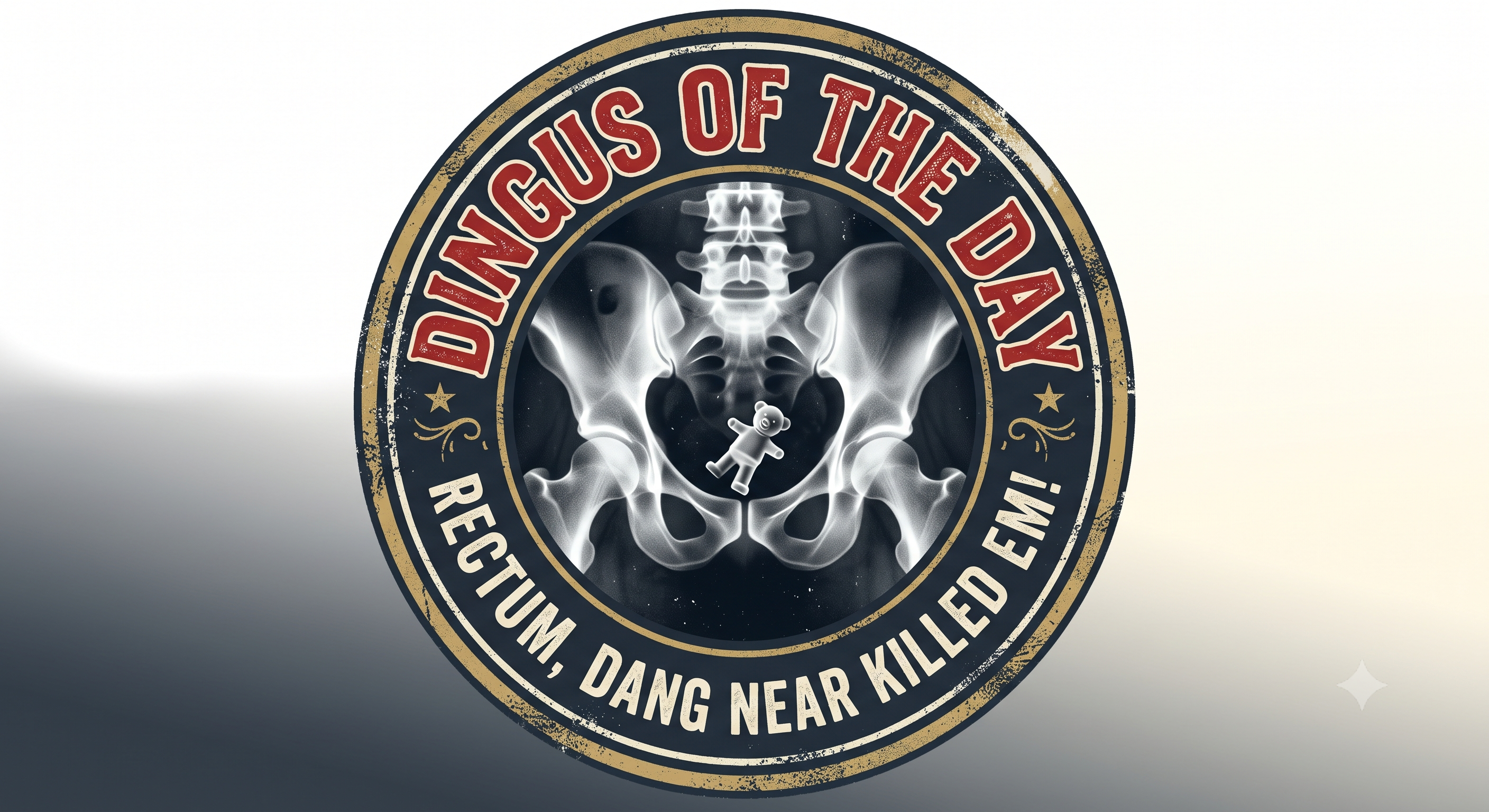Circular logo with text "Dingus of the Day" and an x-ray image of a teddy bear inside a pelvis.