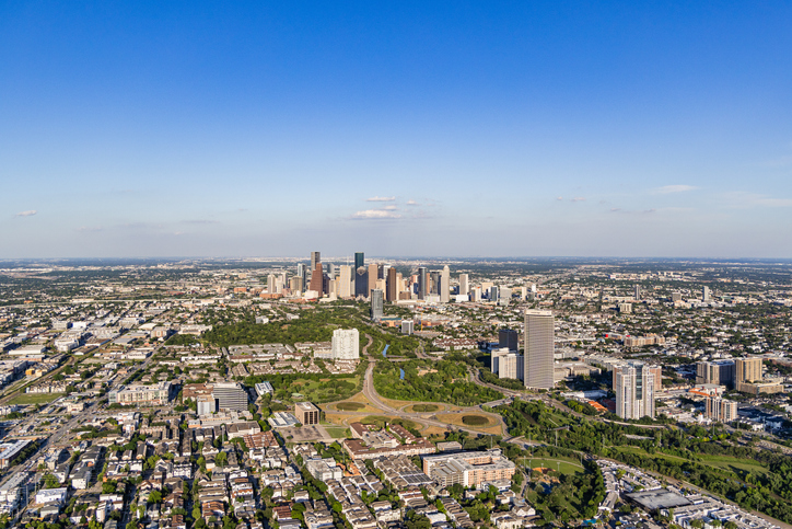 Wide aerial shot of Houston and downtown skyline