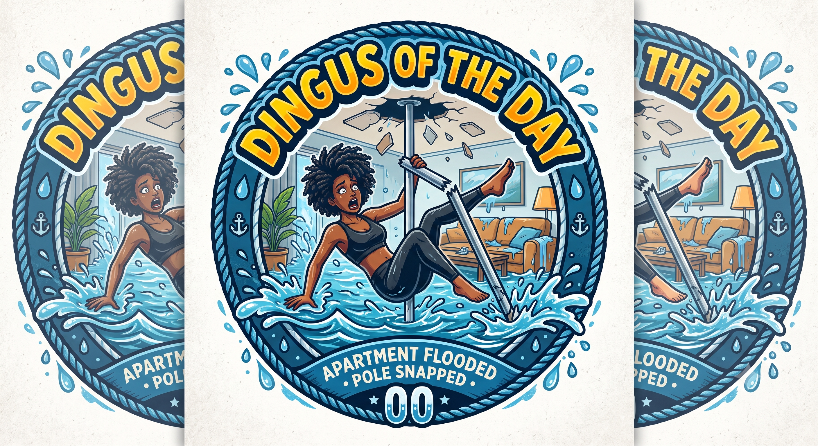 A cartoon illustration depicting a person in a flooded apartment using a pole to snap a selfie in the water, with the text "Dingus of the Day" and "Apartment Flooded Pole Snapped" visible.
