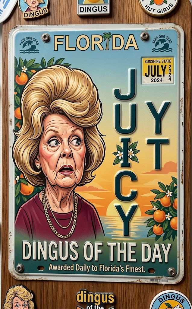 A caricature of an elderly woman with exaggerated features and a large beehive hairstyle, surrounded by tropical imagery and text reading "FLORIDA JUICY DINGUS OF THE DAY Awarded Daily to Florida's Finest.