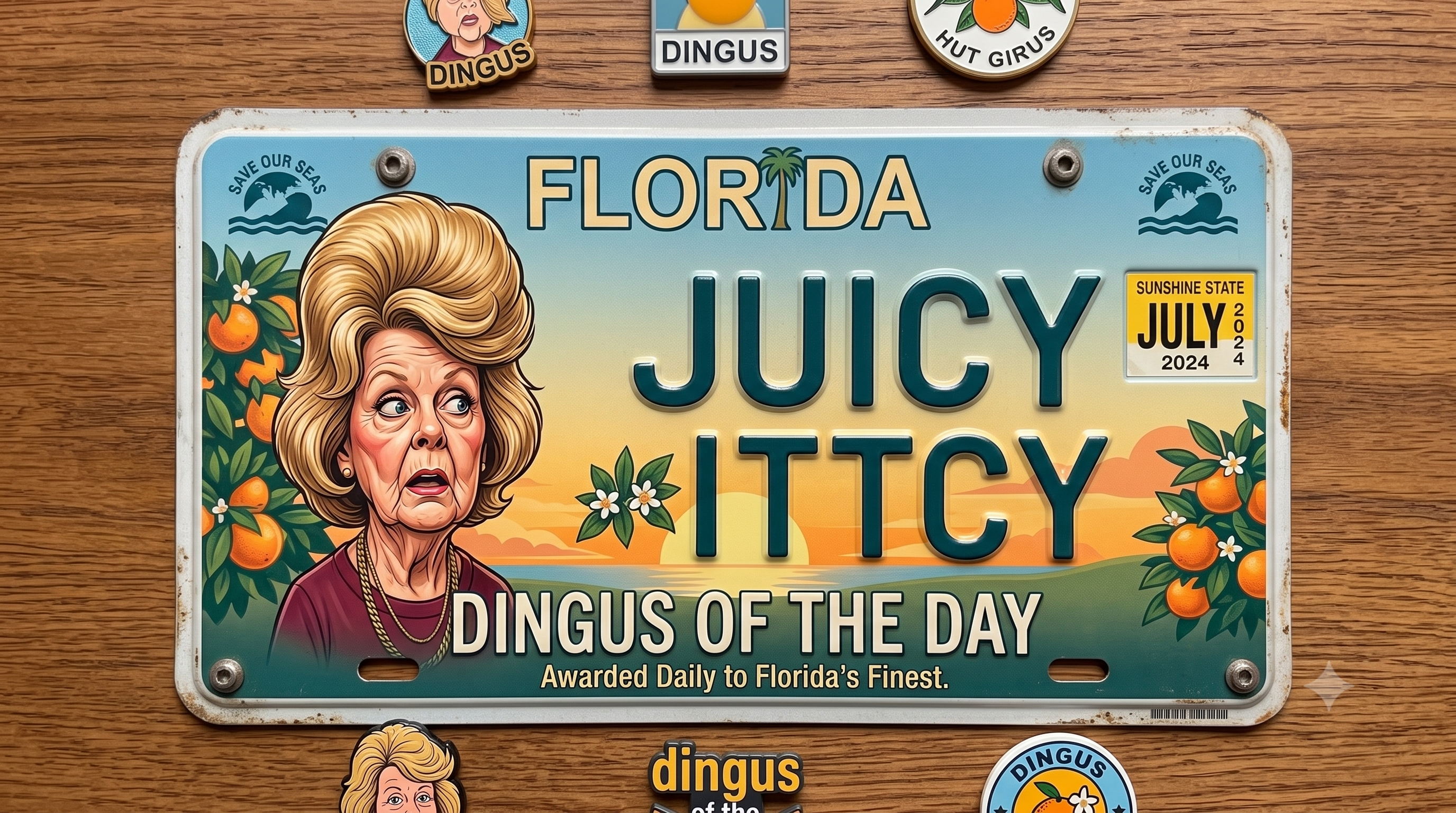 A Florida license plate design featuring a caricature of an elderly woman with exaggerated features and the text "JUICY ITTY DINGUS OF THE DAY" and "SUNSHINE STATE JULY 2024".