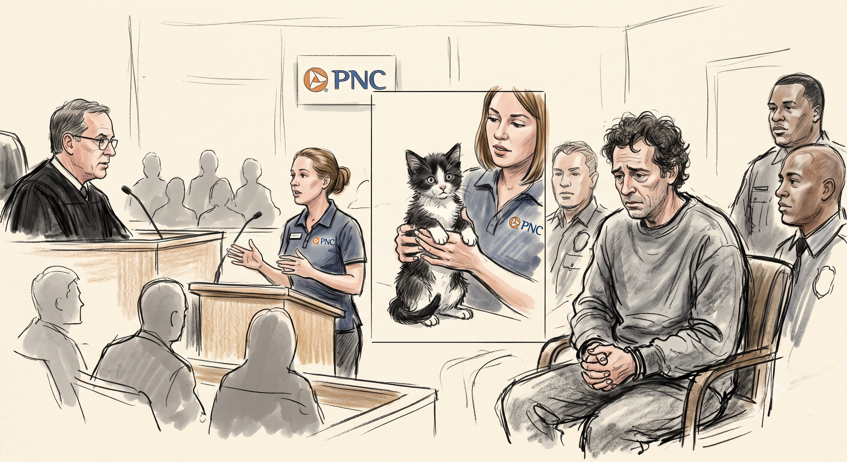 A courtroom scene with a judge, lawyers, and defendants. A PNC bank logo is visible on the wall. A woman in a PNC uniform holds a black cat.