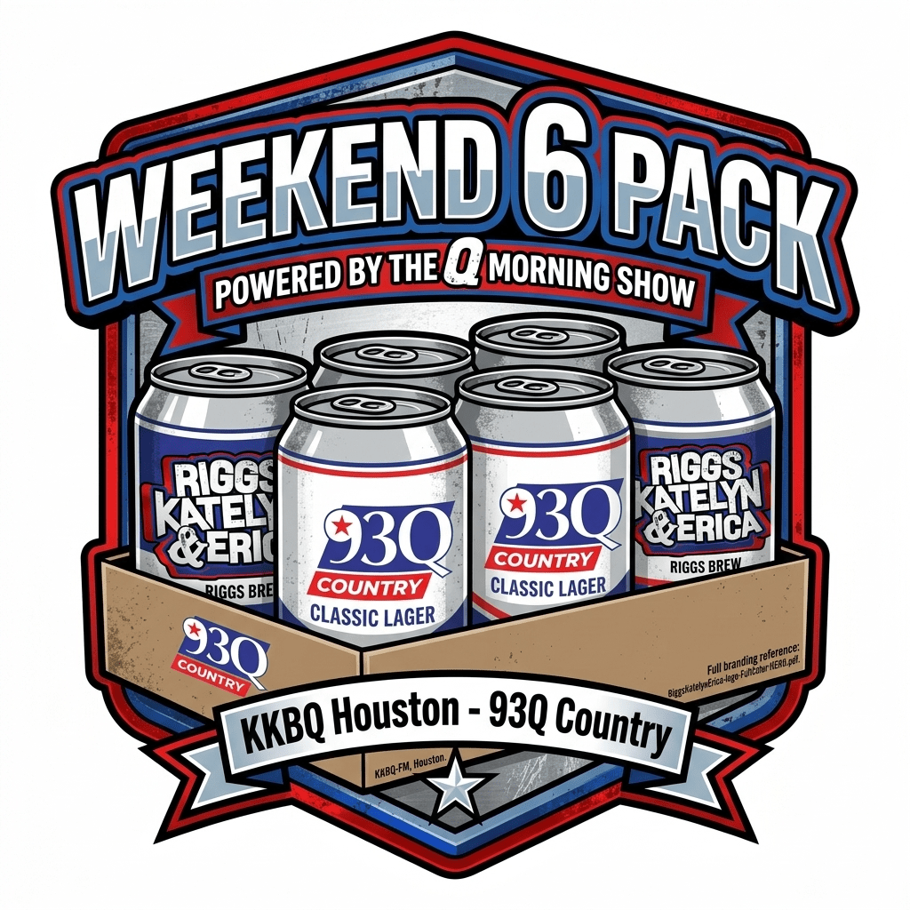 Weekend 6 pack powered by the Q Morning Show, featuring cans of 930 Country Classic Lager and Riggs Kately & Erica Riggs Brew.